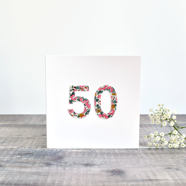 50th Birthday card, 50th Anniversary card sewn card with Liberty fabric handmade by Stitch Galore
