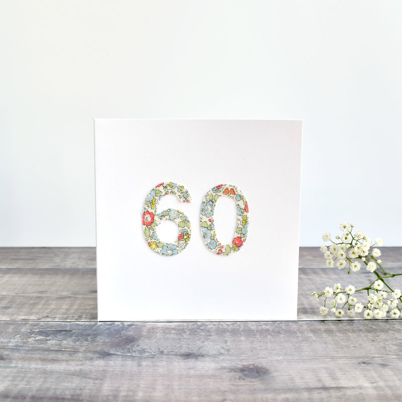 60th Birthday card, 60th Anniversary card sewn card with Liberty fabric handmade by Stitch Galore
