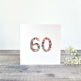 60th Birthday card, 60th Anniversary card sewn card with Liberty fabric handmade by Stitch Galore