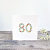 80th Birthday card, Age 80 card, sewn card with Liberty fabric handmade by Stitch Galore