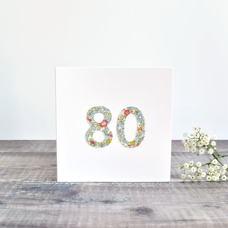 80th Birthday card, Age 80 card, sewn card with Liberty fabric handmade by Stitch Galore