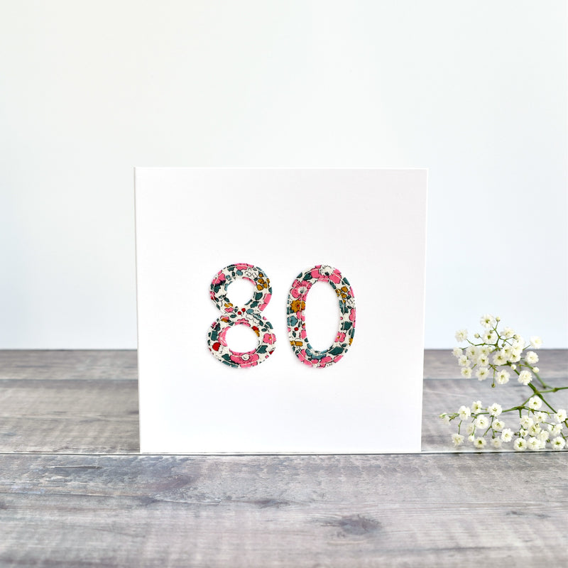 80th Birthday card, Age 80 card, sewn card with Liberty fabric handmade by Stitch Galore