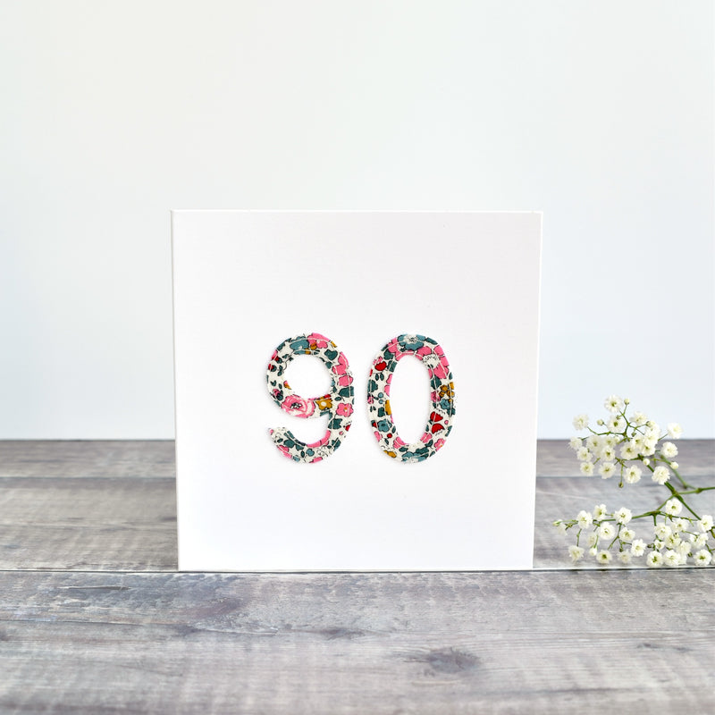 90th Birthday card, Age 90 card, sewn card with Liberty fabric handmade by Stitch Galore