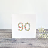 90th Birthday card, Age 90 card, sewn card with Liberty fabric handmade by Stitch Galore