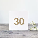 30th Birthday card, 30th Anniversary card sewn card with gold glitter fabric handmade by Stitch Galore