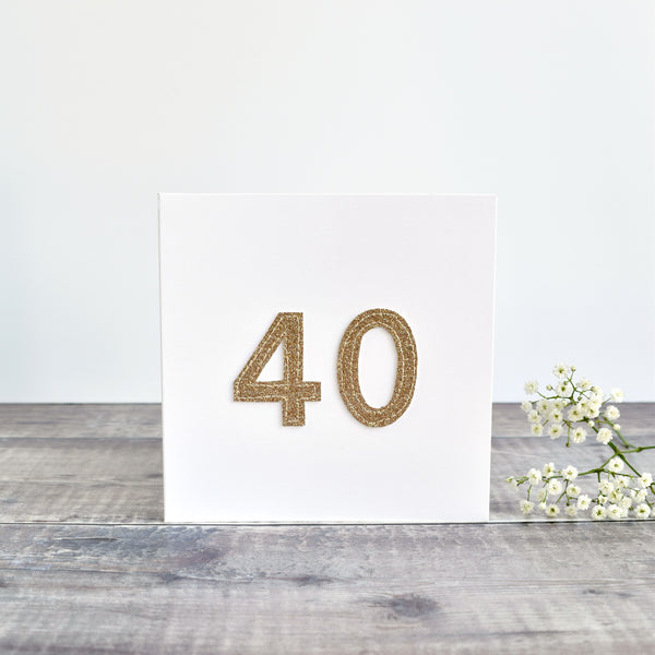 40th Birthday card, 40th Anniversary card sewn card with gold glitter fabric handmade by Stitch Galore