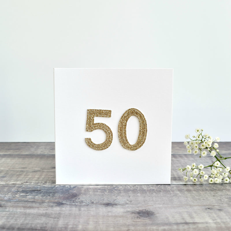 50th Birthday card, 50th Anniversary card sewn card with gold glitter fabric handmade by Stitch Galore
