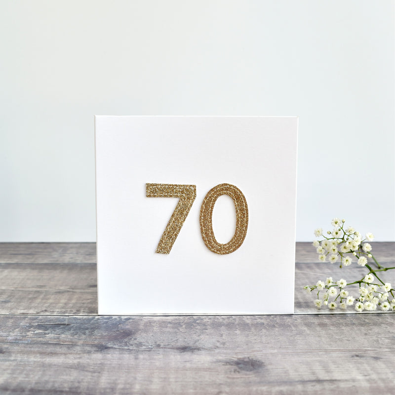70th Birthday card, Age 70 card, sewn card with gold glitter fabric handmade by Stitch Galore