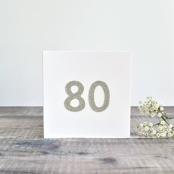 80th Birthday card, Age 80 card, sewn card with silver glitter fab