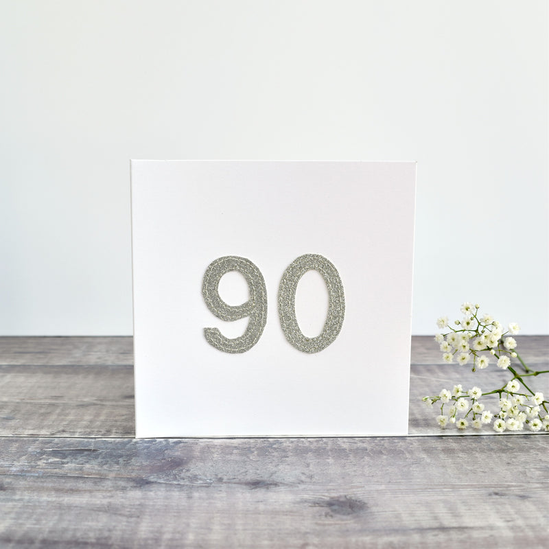 90th Birthday card, Age 90 card, sewn card with silver glitter fabric handmade by Stitch Galore