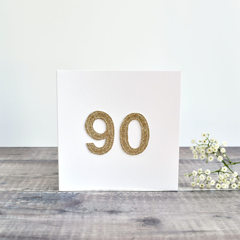 90th Birthday card, Age 90 card, sewn card with gold glitter fabric handmade by Stitch Galore