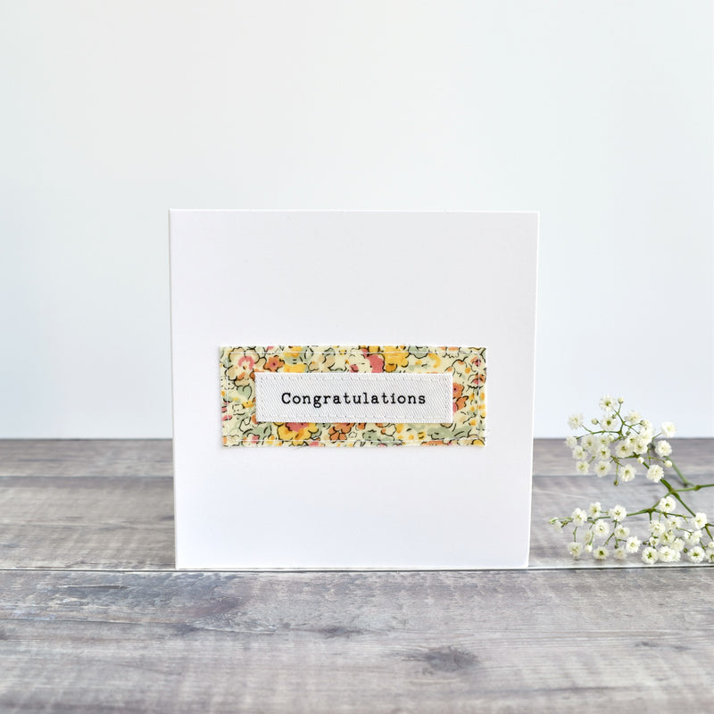 Congratulations card, stitched card with yellow floral fabric handmade by Stitch Galore