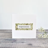 Congratulations card, stitched card with green floral fabric handmade by Stitch Galore