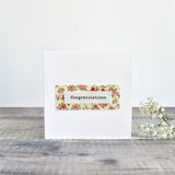 Congratulations card, stitched card with pink floral fabric handmade by Stitch Galore