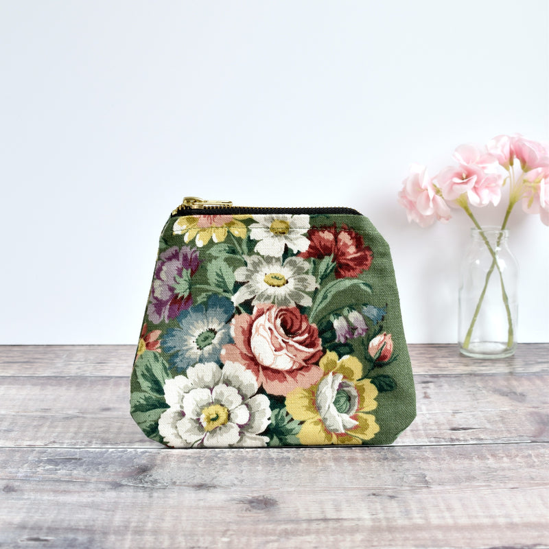 Zip purse made from green Sanderson vintage floral fabric handmade by Stitch Galore