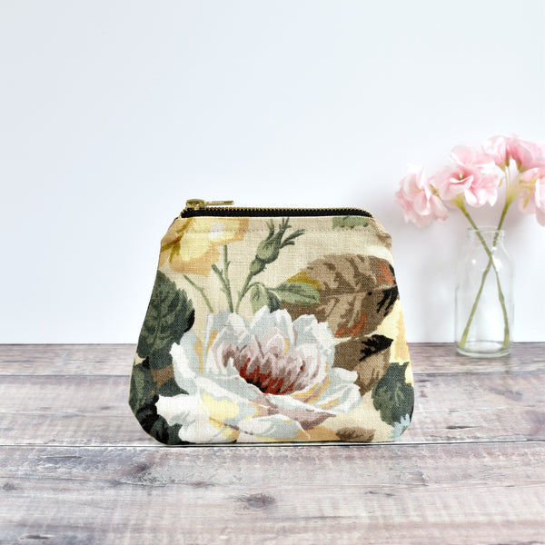 Coin purse made from cream Sanderson vintage floral fabric handmade by Stitch Galore