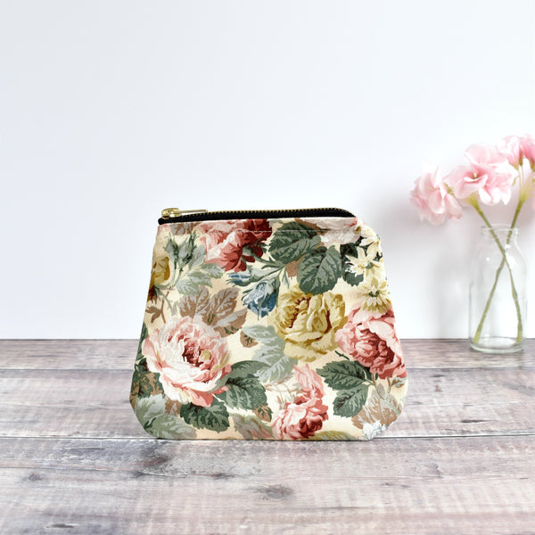 Zip purse, makeup bag made from cream floral vintage fabric handmade by Stitch Galore