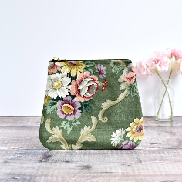 Zip pouch, makeup bag made from green Sanderson floral vintage fabric handmade by Stitch Galore