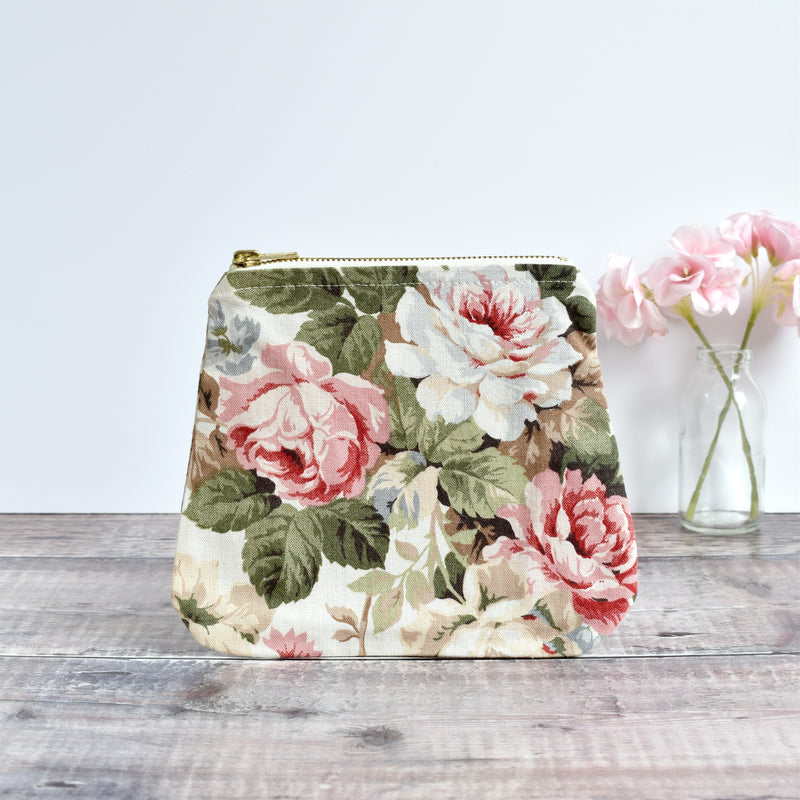 Zip pouch, makeup bag made from cream Sanderson floral vintage fabric handmade by Stitch Galore