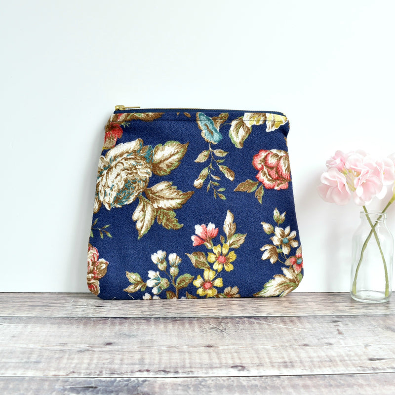 Large vintage fabric pouch, washbag, make-up bag made from blue floral vintage fabric handmade by Stitch Galore