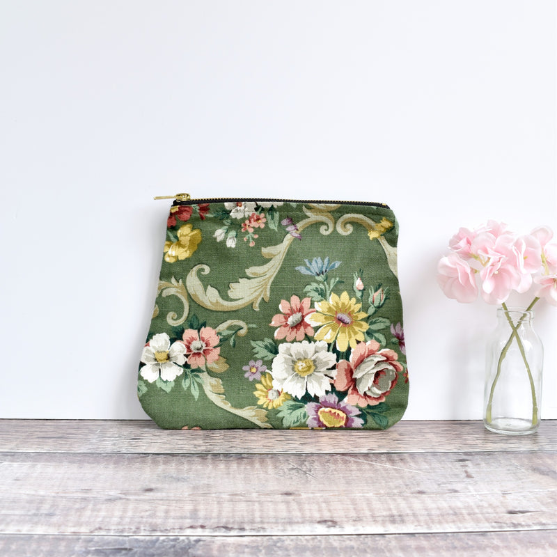 Zipper pouch, cosmetic bag made from green Sanderson floral vintage fabric handmade by Stitch Galore