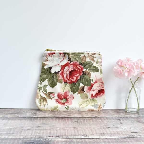 Zipper pouch, cosmetic bag made from cream Sanderson floral vintage fabric handmade by Stitch Galore