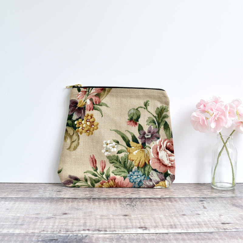 Zipper pouch, cosmetic bag made from beige Sanderson floral vintage fabric handmade by Stitch Galore