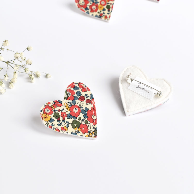Sewn Liberty fabric love heart pin badge handmade by stitch galore