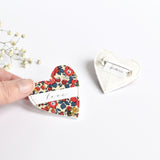 Floral liberty fabric sewn heart brooch handmade by stitch galore