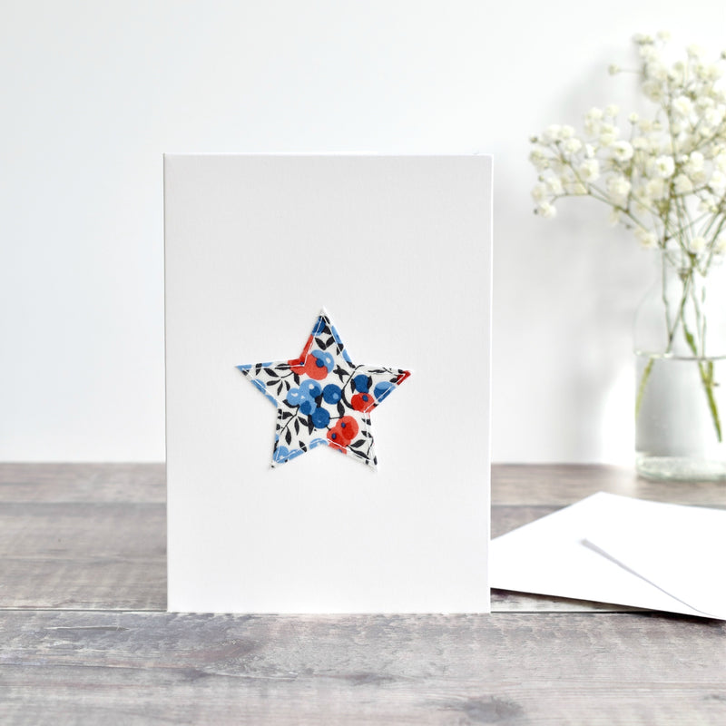 Liberty fabric star card with red and blue berries handmade by Stitch Galore