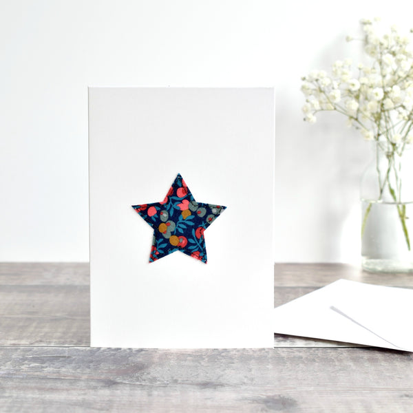 Navy Liberty fabric star card with berries handmade by Stitch Galore