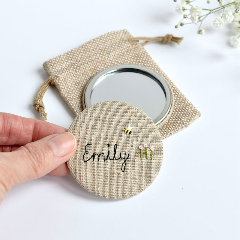 Personalised hand held mirror, embroidered pocket mirror handmade by Stitch Galore