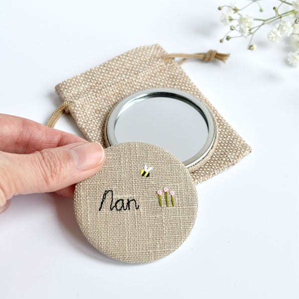 Personalised hand held mirror, embroidered pocket mirror handmade by Stitch Galore