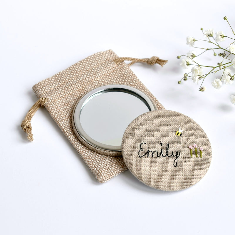 Embroidered personalised pocket mirror, personalised compact mirror handmade by Stitch Galore