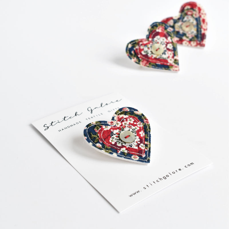 Liberty fabric heart badge, sewn love heart badge handmade by Stitch Galore 