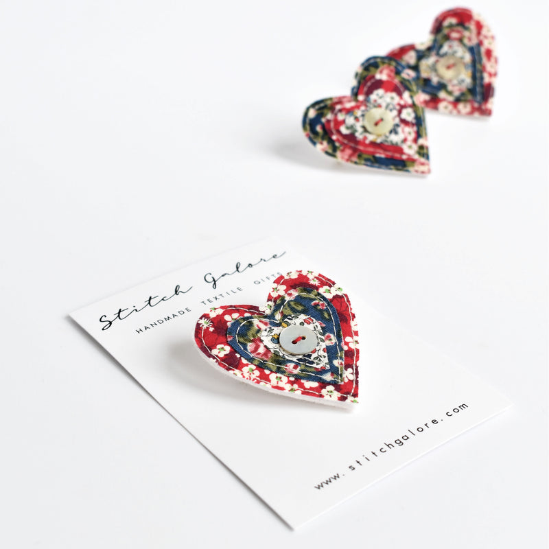 Liberty fabric heart badge, love heart brooch handmade by Stitch Galore 