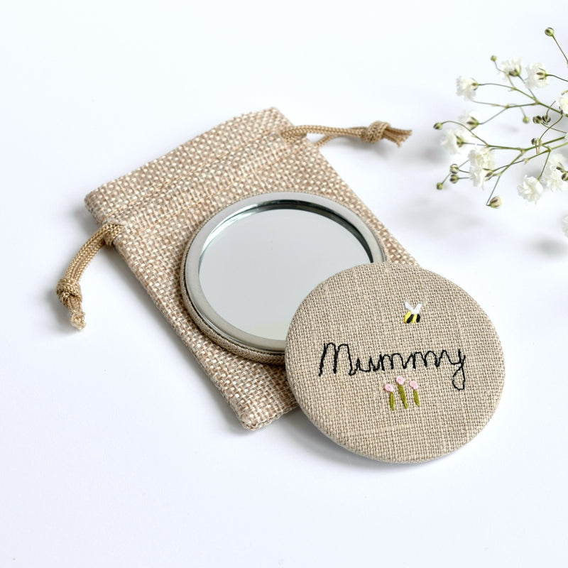 Mummy pocket mirror, personalised compact mirror handmade by Stitch Galore