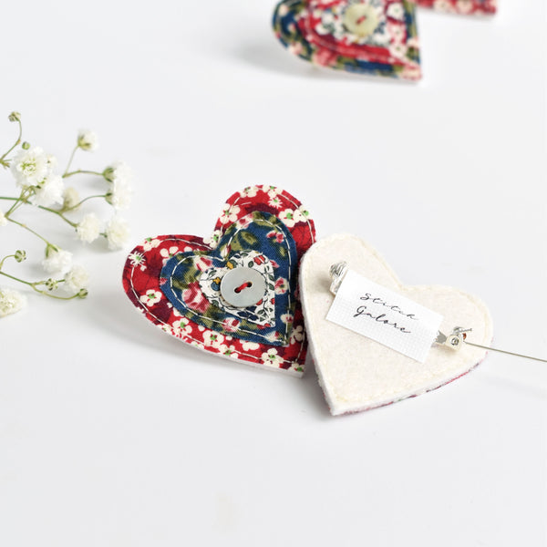 Liberty fabric heart brooch, sewn love heart brooch handmade by Stitch Galore 