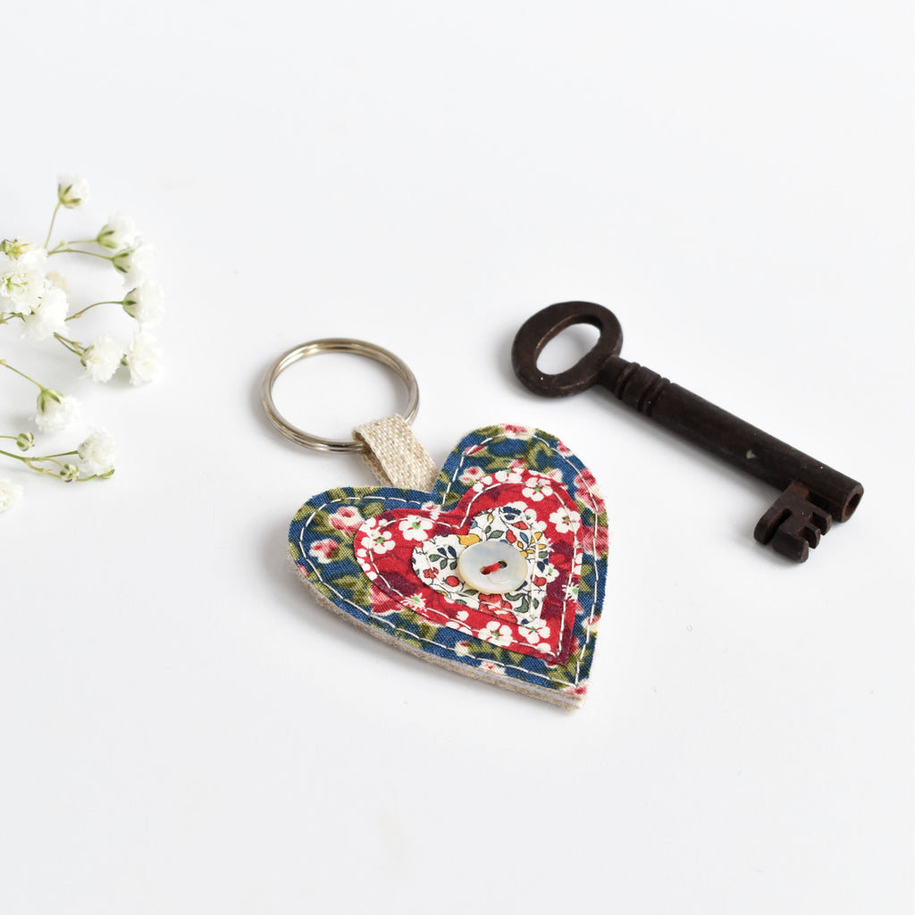 Embroidered heart key ring, Sewn fabric heart keyring by Stitch Galore