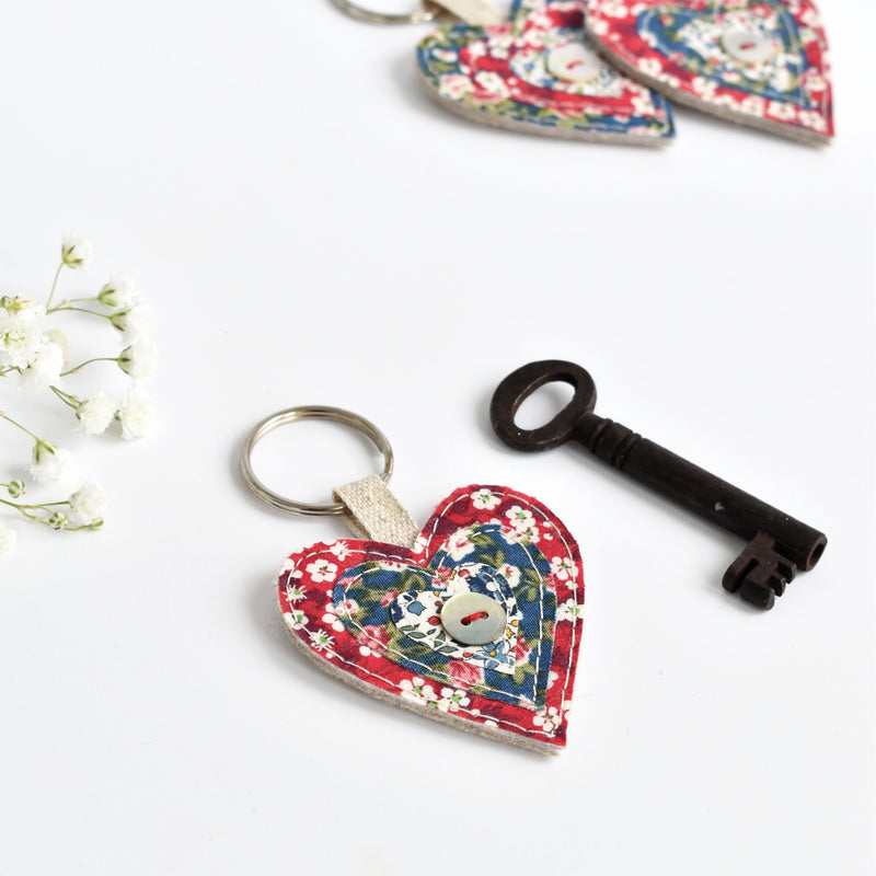 Sewn fabric heart keyring, red liberty fabric heart keychain handmade by Stitch Galore