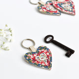 Sewn fabric heart keyring, blue fabric heart keychain handmade by Stitch Galore