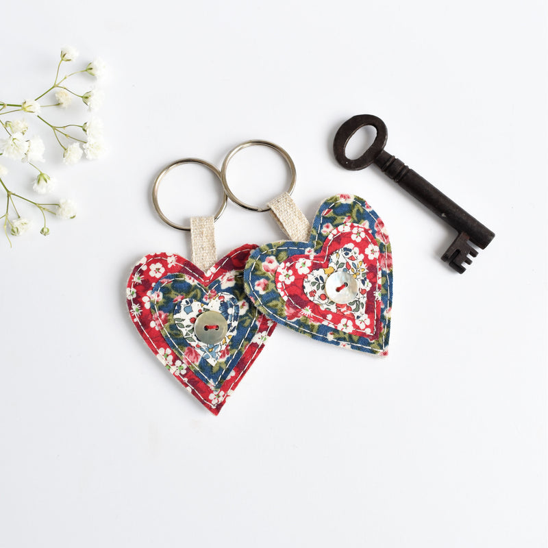 Sewn fabric heart key rings, red and blue liberty fabric heart keychain handmade by Stitch Galore