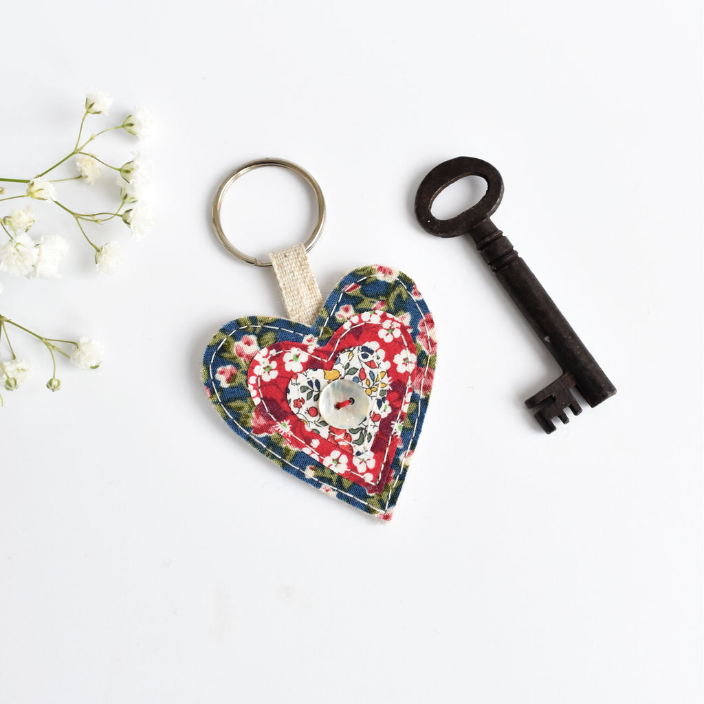 Embroidered heart key ring, Sewn fabric heart keyring by Stitch Galore
