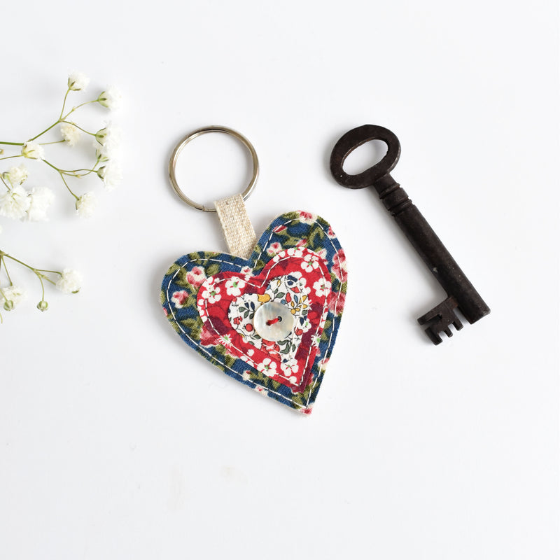 Fabric love heart keyring, blue fabric embroidered love heart keyfob, handmade by Stitch Galore