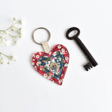 Embroidered heart keychain, sewn liberty fabric heart key ring handmade by Stitch Galore 