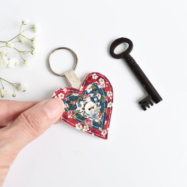 New home keyring, red liberty fabric embroidered love heart keyfob, handmade by Stitch Galore