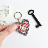 Embroidered heart keychain, sewn fabric heart key ring handmade by Stitch Galore