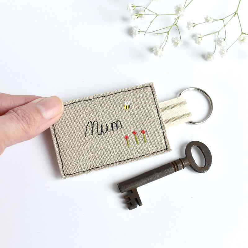 Embroidered personalised Mum keychain, name keyring handmade by Stitch Galore 