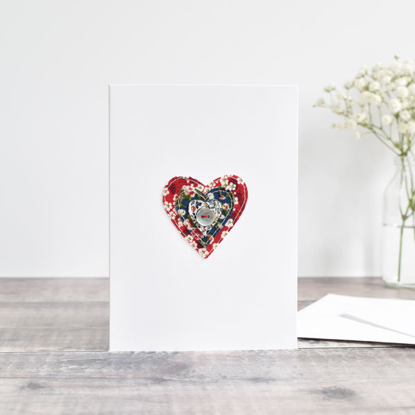 Embroidered Liberty fabric heart card handmade by stitch galore