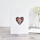 Sewn Liberty fabric heart card handmade by stitch galore